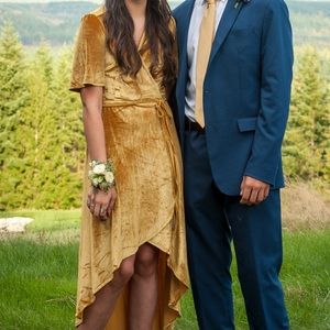 gold velvet high low wrap dress